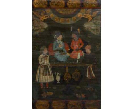 18TH CENTURY MOGUL SCHOOL  Courtly figures conversing, oil on canvas laid on panel, 105.5cm x 66cm