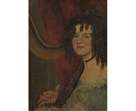 19TH CENTURY SCHOOL Portrait of a girl with ringlets in her hair playing a harp, unsigned, oil on canvas, 63cm x 46cm cut dow