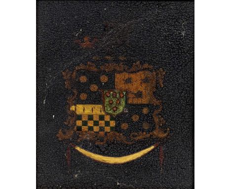 A 19TH CENTURY COAT OF ARMS oil on panel and set within a gilt frame, the picture 17cm x 14.5cm