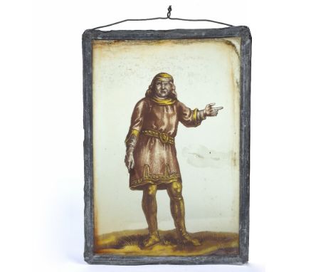 AN 18TH CENTURY PAINTED STAINED GLASS PANEL depicting a gentleman pointing the way, within a leaded frame, 12.5cm x 18cm
