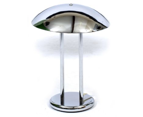 A MODERNIST CHROME PLATED TABLE LAMP circa 1985, with domed top, twin pillar support and spreading circular base, by Titan Li