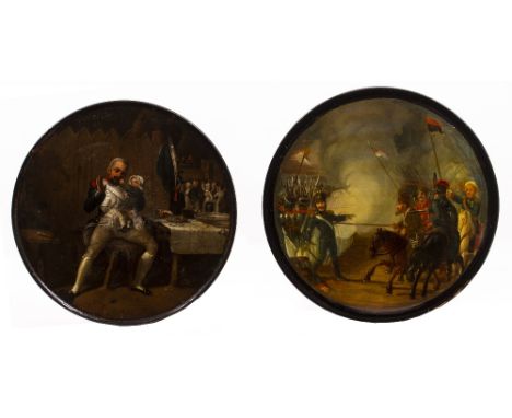 AN 18TH CENTURY GERMAN CIRCULAR PAPIER MACHE SNUFF BOX the lid with a painted depiction of two armies fighting, indistinctly 