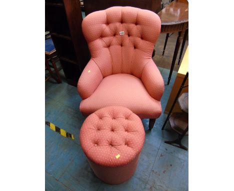 PINK BUTTON BACK ARMCHAIR & MATCHING FOOTSTOOL  /LINEN BOX