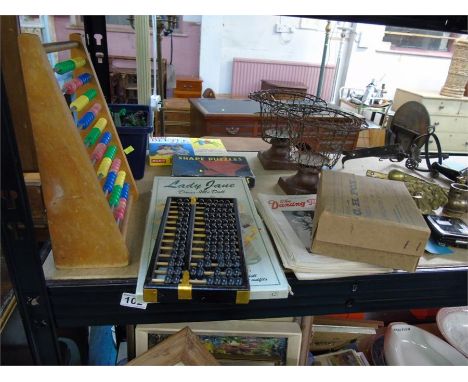 VINTAGE CHILDRENS' TOYS AND PUZZLES,ABACUS X 2 WIRE URNS,'DANCING TIMES' VINTAGE MAGS,AND EMPTY VINTAGE WIG BOX