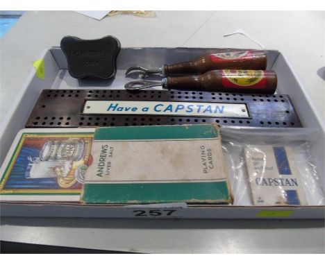 ADVERTISING ITEMS,BAKELITE CAPSTAN CRIBBAGE BOARD,ANDREWS LIVER SALTS + OTHERS