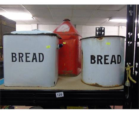  2 LARGE ENAMEL BREAD BINS + RED OIL CAN