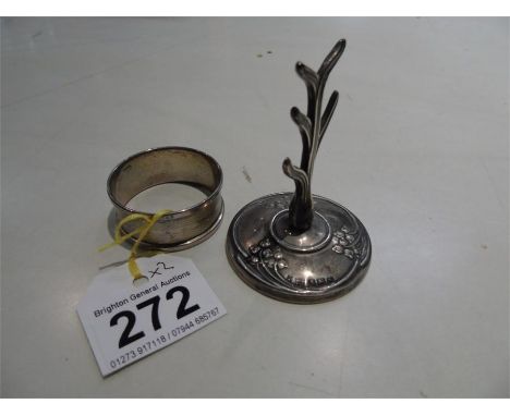 HALL MARKED SILVER NAPKIN RING ENGRAVED 'PAULINE' + HALL MARKED SILVER RING TREE