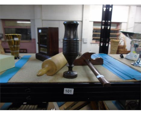 LARGE WOODEN ROLLING PIN, PANEL GAUGE,BAKELITE VASE AND SMALL WOODEN DISPLAY BOX