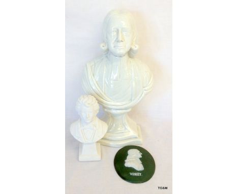 A white glazed pottery bust of John Wesley, plaque and a bust of Schubert