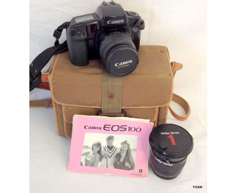 A Canon ES 100 SLR Camera in case with Vivitar Series 1 Lens