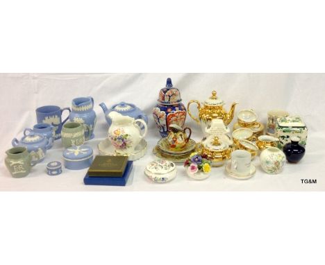 A gilded mother of pearl coffee set, various Jasper Ware and other china to include Royal Worcester