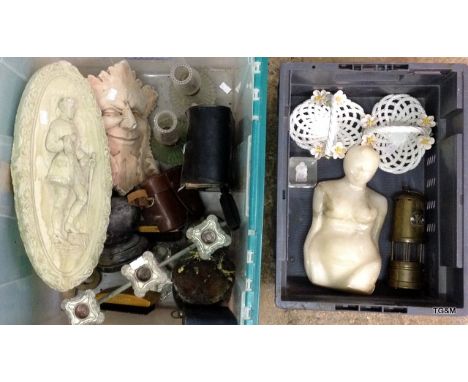 A box containing a marble nude bust, a Davey lamp, 2 china baskets and 2 other items/vintage cameras