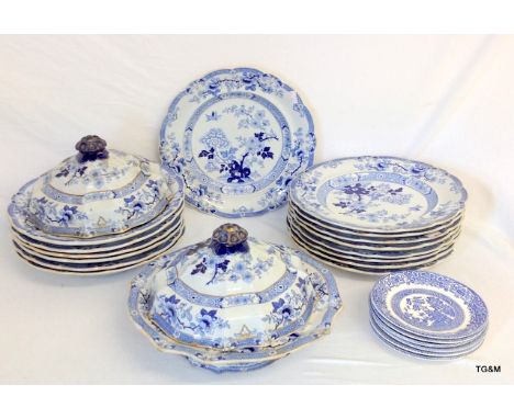 A part blue and white Ashworth iron stone dinner service 18 pieces