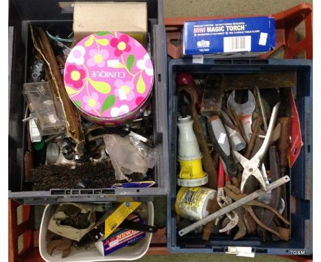 A tray of mixed workshop and DIY tools and materials