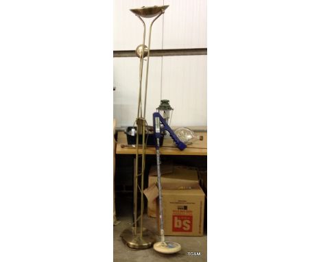 A tilly lamp, collection of bottles, ships in bottles, a metal detector, fencing sword and a up lighter lamp