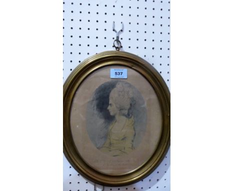 ATTRIBUTED JOHN DOWNMAN: A profile portrait of Lady Charlotte Waldegrave 1780. Inscribed. Watercolour 10'' x 8'' oval