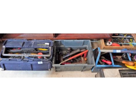 A large collection of tools, dog basket, sign etc.