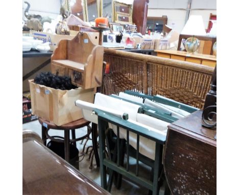 A pair of director's chairs, wall shelf, box of sundries, bentwood chairs, 3 floor candlesticks and a coal bucket