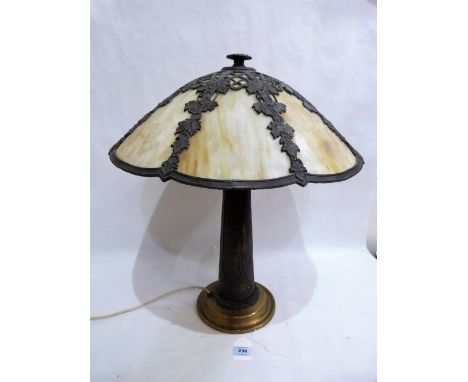 An aesthetic movement patinated metal table lamp by Bradley and Hubbard, Meriden, Connecticut, with eight panel caramel slag 