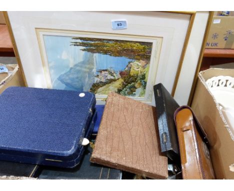 A collection of loose plated boxed and loose cutlery, the lot to include a watercolour drawing and a lithograph