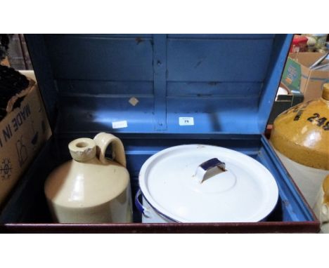 A tin trunk, enamel bread bin, stoneware jar and a painted box and sundries