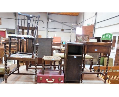 An oak sewing table, bedside cabinet, stool, picnic set and two chairs