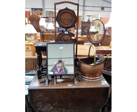 An oak gate leg table, copper coal bucket, fireside accessories, folding cake stand, stool and wrought iron dressing mirror