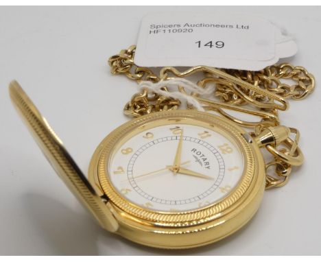 A manual wind gold plated Rotary pocket watch with chain and fob, with Arabic numerals, length of chain 34 cm. 