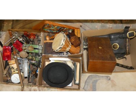 Horse brasses, bowler hat, hand tools, tea cards, drum, static steam engine and other items (4). 