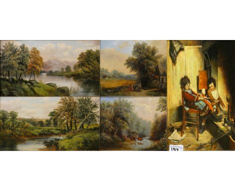 Two pairs of unsigned oil on canvas paintings, together with an oil on board 'Children Playing', unsigned (5). 