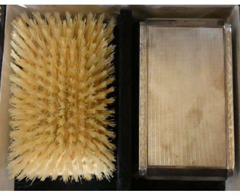 A silver pair of hair brushes, Birmingham 1963, with engine turned decoration, case 