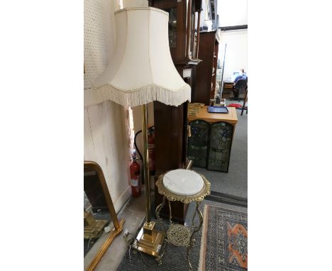 A brass standard lamp with shade, together with a brass and marble jardiniere stand (2). 