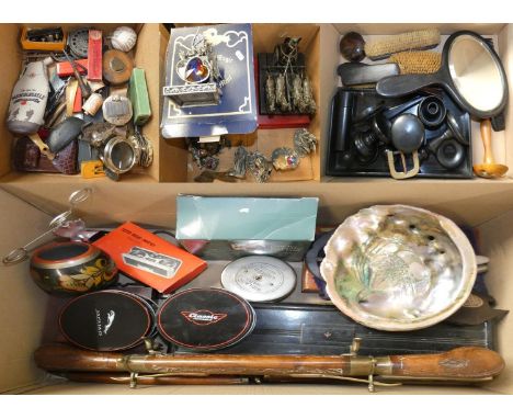 Ebony dressing table set, pen knives, fishing reel, Stanley plane, vintage cycle lamp, Myth and Magic models and other items 