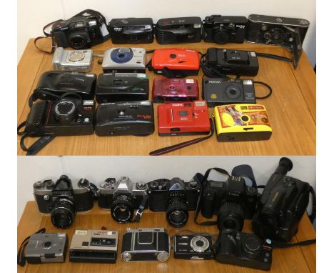 Four boxes of miscellaneous cameras and equipment including Olympus CM30, Canon AV1, Pentax 105-R and others, untested. 