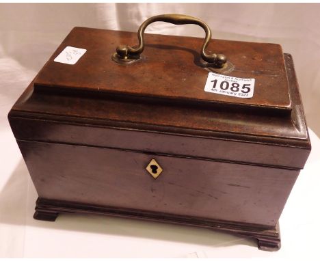 Three section tea caddy in mahogany with brass handle and bracket feet. small cracks to lid, lid is slightly misaligned lock 