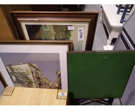 Small folding baize card table and further mixed prints, 48 x 48 cm. Not available for in-house P&amp;P 