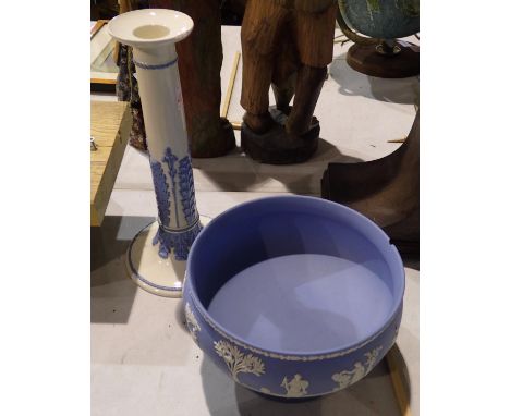 Large Wedgwood footed bowl and a Wedgwood Queensware candlestick, both with minor cracks. Not available for in-house P&amp;P 