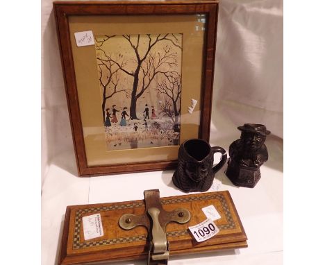 Helen Bradley print, Feeding The Birds, two pieces of Roy Kirkham Pottery and a vintage tie press. Not available for in-house