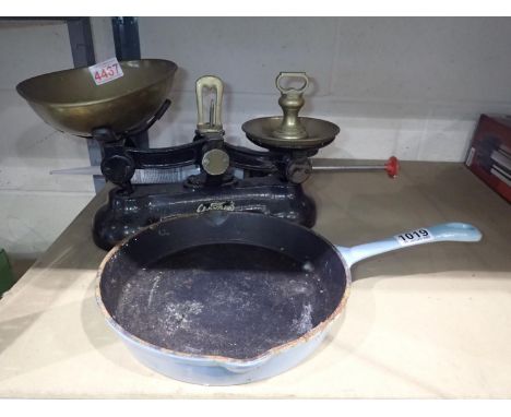 Cast iron and brass chemist scales with weights and a cast iron frying pan. Not available for in-house P&amp;P 