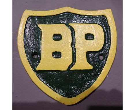 Cast iron BP shield, H: 12 cm. P&amp;P Group 1 (£14+VAT for the first lot and £1+VAT for subsequent lots) 