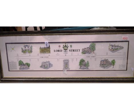 Large hand coloured Philip Berries print of Lord Street Southport, 90 x 23 cm. Not available for in-house P&amp;P 