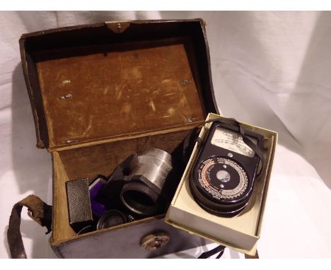 Mixed camera lenses and an exposure meter in a  leather bag including a tele Anastigmat example. Not available for in-house P