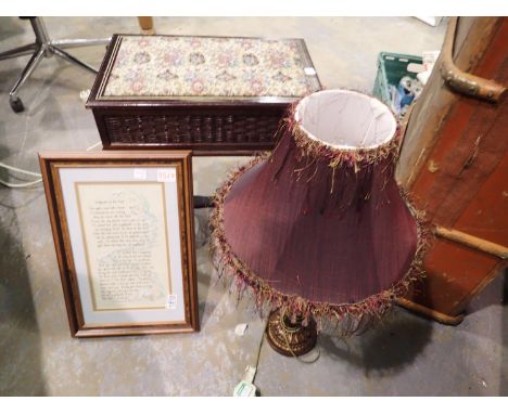 Mahogany upholstered storage table with cross stretch support, framed tapestry, table 47 x 32 x 52 cm H. Not available for in