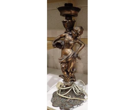 Brass figural lamp of a woman, H: 50 cm. All electrical items in this lot have been PAT tested for safety and have passed. Th