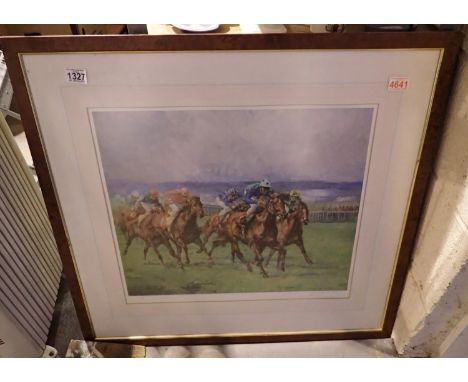Large Clare Eva Burton signed horse racing print with blind stamp, 80 x 60 cm. Not available for in-house P&amp;P 