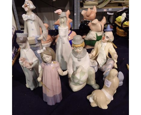 Six ceramic figurines including Nao and Lladro. Not available for in-house P&amp;P 