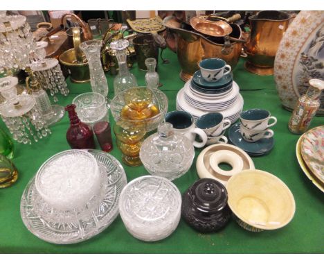 A collection of various pressed glassware, Denby "Green Wheat" pattern tea wares, Clarice Cliff posy vase, Radford ware vase,