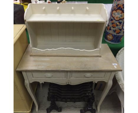 A two drawer side table, the plain top above a painted base, raised on cabriole legs, together with a similar wall shelf, a w