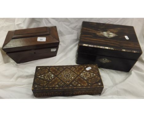 A Victorian mahogany sarcophagus tea caddy, a parquetry work glove box, a coromandel and mother of pearl inlaid sewing box, a