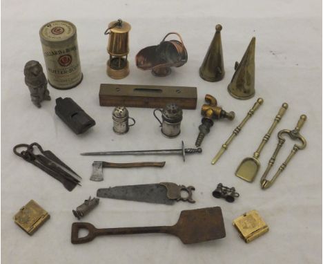 A box containing assorted metal wares, to include a set of 19th Century miniature fire tools, two miniature silver pounce pot